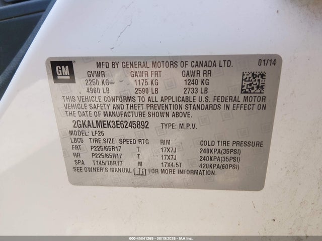 Aukcja sprzedaży 2014 Gmc Terrain Sle-1, vin: 2GKALMEK3E6245892, numer aukcji: 45841269