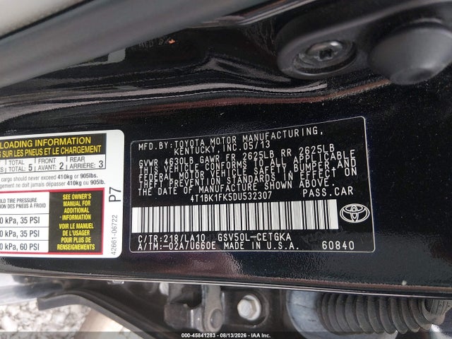Aukcja sprzedaży 2013 Toyota Camry Xle V6, vin: 4T1BK1FK5DU532307, numer aukcji: 45841283