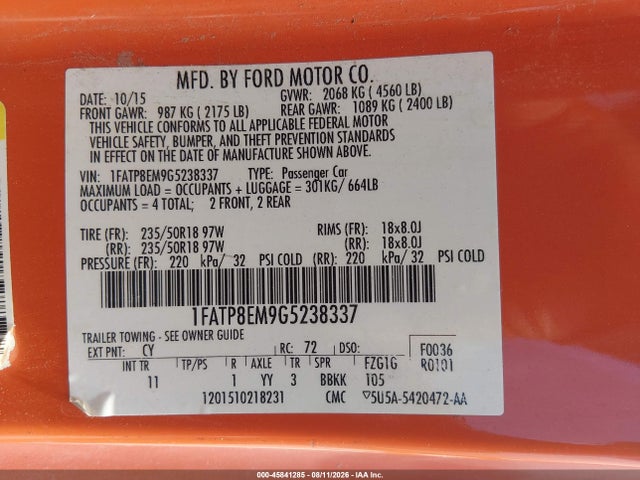 Aukcja sprzedaży 2016 Ford Mustang V6, vin: 1FATP8EM9G5238337, numer aukcji: 45841285