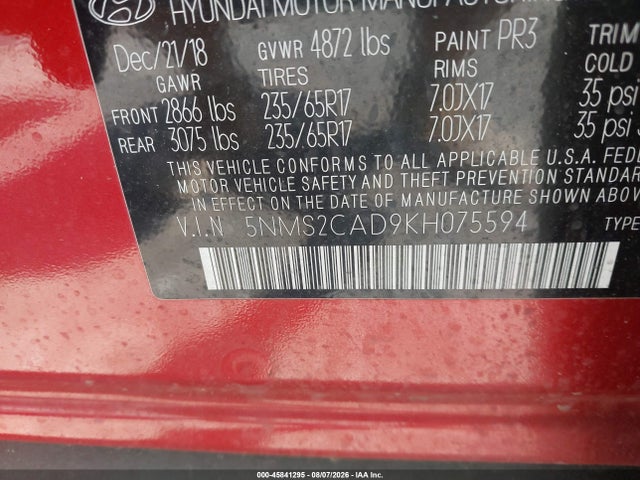 Aukcja sprzedaży 2019 Hyundai Santa Fe Se, vin: 5NMS2CAD9KH075594, numer aukcji: 45841295