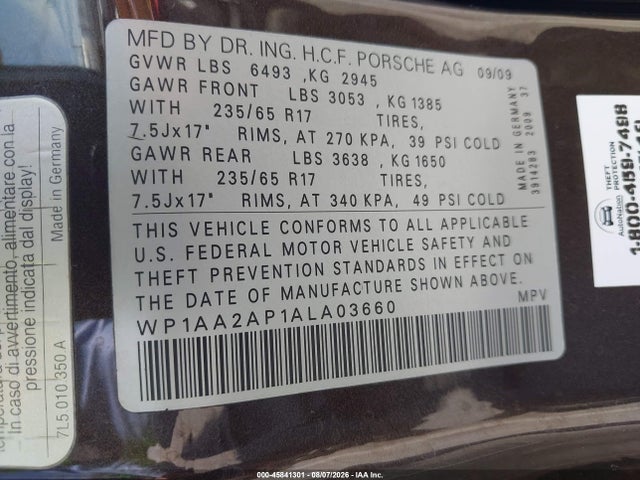 Продажа на аукционе авто 2010 Porsche Cayenne, vin: WP1AA2AP1ALA03660, номер лота: 45841301