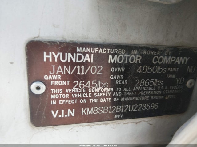 Продаж на аукціоні авто 2002 Hyundai Santa Fe, vin: KM8SB12B12U223596, номер лоту: 45841310