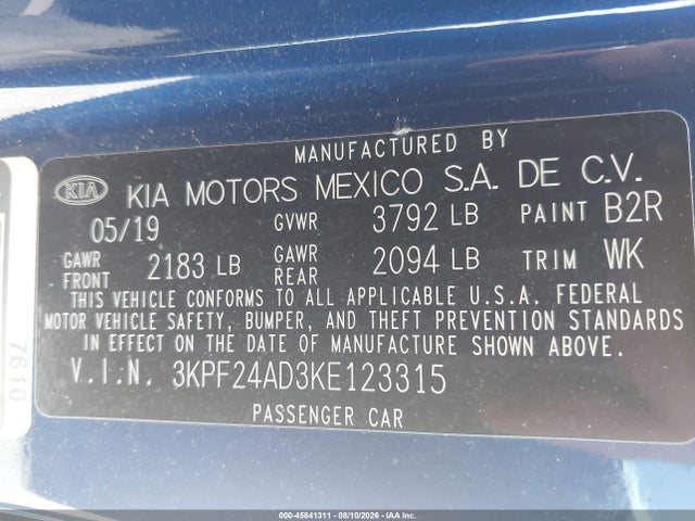Продажа на аукционе авто 2019 Kia Forte Lxs, vin: 3KPF24AD3KE123315, номер лота: 45841311
