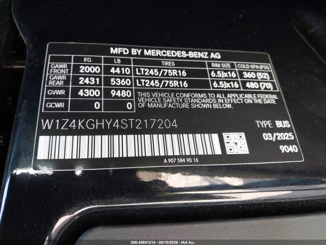 45841314 :رقم المزاد ، W1Z4KGHY4ST217204 vin ، 2025 Mercedes-benz Sprinter 2500 High Roof 4-cyl Diesel مزاد بيع