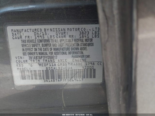 Продажа на аукционе авто 2015 Nissan Sentra Sv, vin: 3N1AB7AP7FY269617, номер лота: 45841319