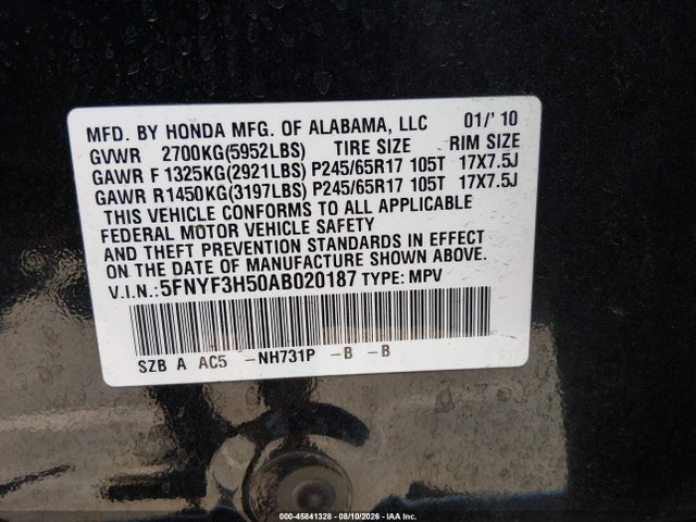 Aukcja sprzedaży 2010 Honda Pilot Ex-l, vin: 5FNYF3H50AB020187, numer aukcji: 45841328