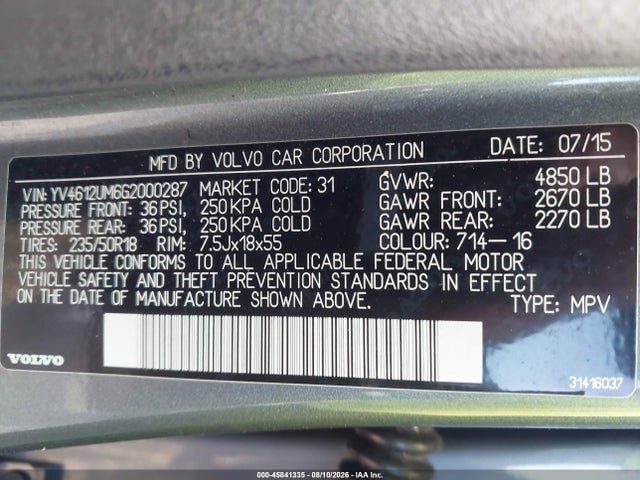Aukcja sprzedaży 2016 Volvo S60 Cross Country T5 Platinum, vin: YV4612UM6G2000287, numer aukcji: 45841335