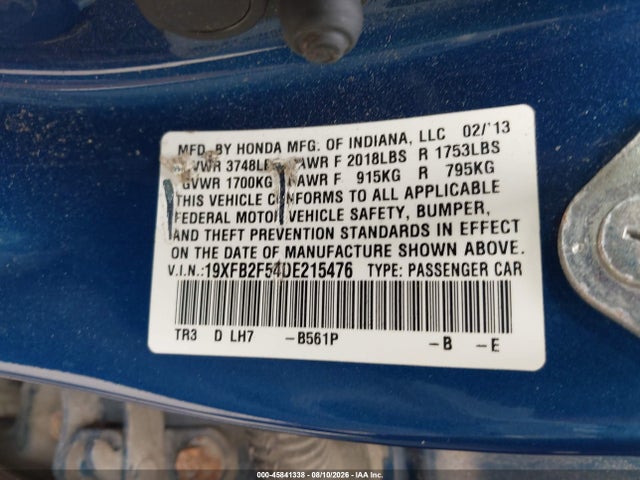 2013 Honda Civic Lx მანქანა იყიდება აუქციონზე, vin: 19XFB2F54DE215476, აუქციონის ნომერი: 45841338