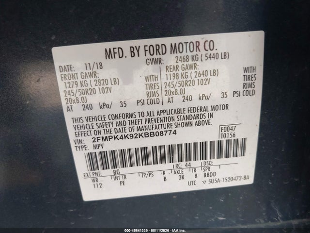 Продаж на аукціоні авто 2019 Ford Edge Titanium, vin: 2FMPK4K92KBB08774, номер лоту: 45841339