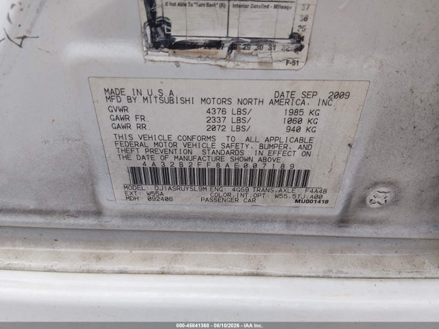 45841368 :رقم المزاد ، 4A32B2FF8AE007189 vin ، 2010 Mitsubishi Galant Fe مزاد بيع