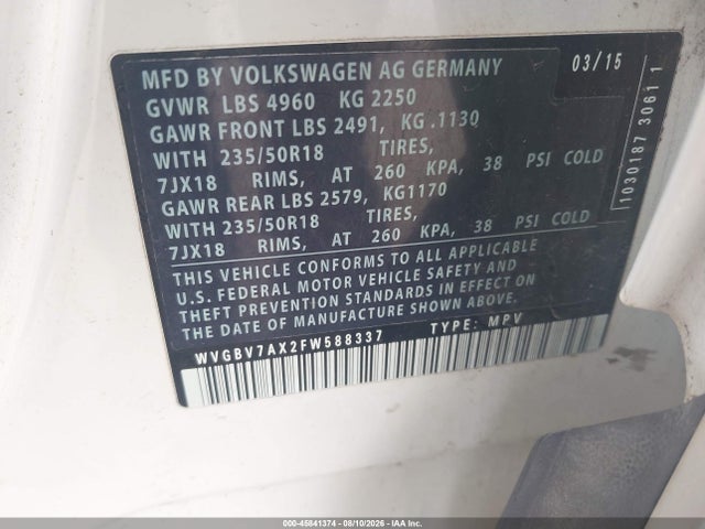 Продажа на аукционе авто 2015 Volkswagen Tiguan Se, vin: WVGBV7AX2FW588337, номер лота: 45841374