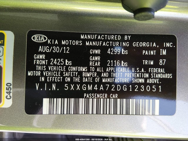 Aukcja sprzedaży 2013 Kia Optima Lx, vin: 5XXGM4A72DG123051, numer aukcji: 45841380