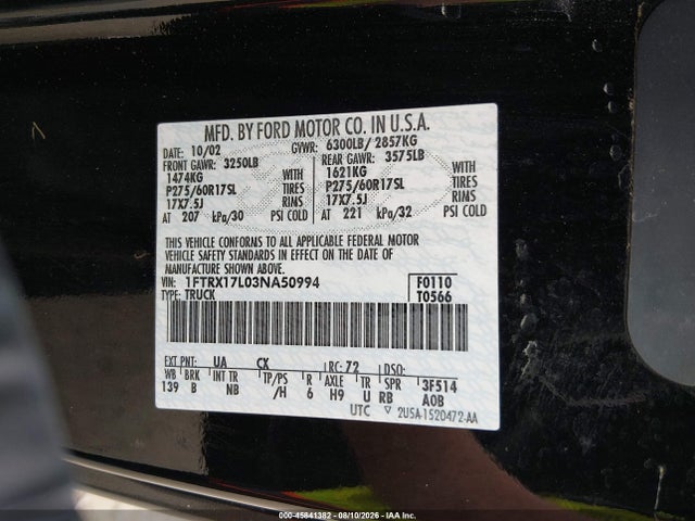 45841382 :رقم المزاد ، 1FTRX17L03NA50994 vin ، 2003 Ford F-150 Lariat/xl/xlt مزاد بيع