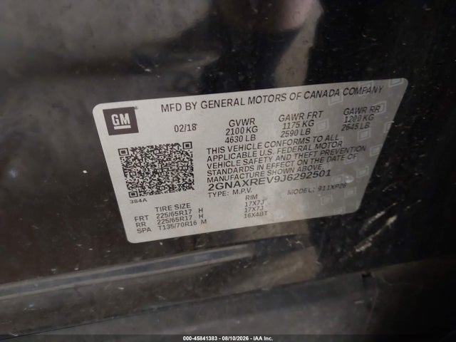 45841383 :رقم المزاد ، 2GNAXREV9J6292501 vin ، 2018 Chevrolet Equinox Ls مزاد بيع