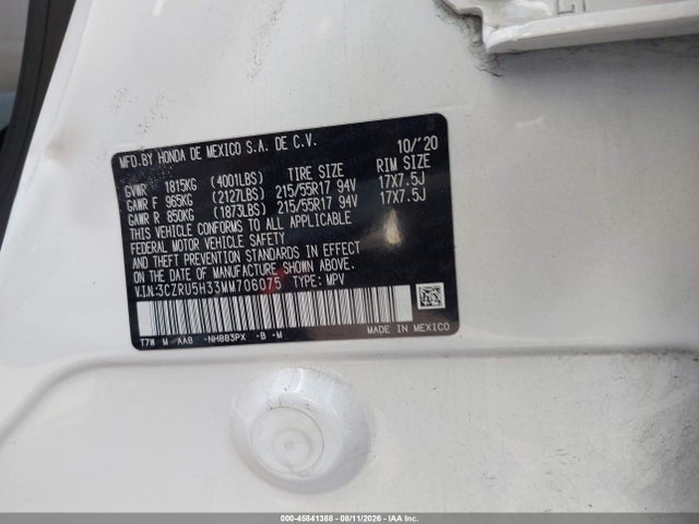 2021 Honda Hr-v 2wd Lx მანქანა იყიდება აუქციონზე, vin: 3CZRU5H33MM706075, აუქციონის ნომერი: 45841388