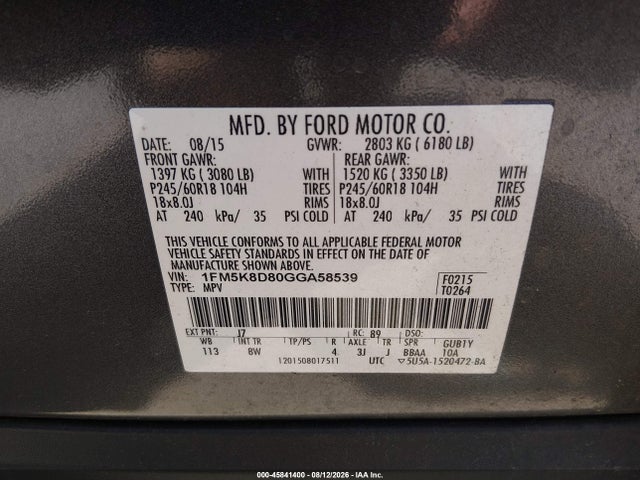 1FM5K8D80GGA58539 Ford EXPLORER XLT