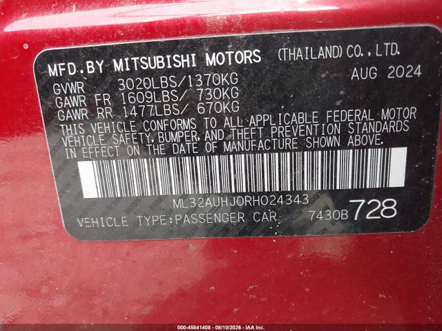 Aukcja sprzedaży 2024 Mitsubishi Mirage Es/le, vin: ML32AUHJ0RH024343, numer aukcji: 45841408