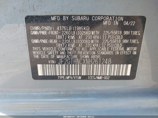 Продажа на аукционе авто 2022 Subaru Crosstrek Limited, vin: JF2GTHNCXNH261248, номер лота: 45841411