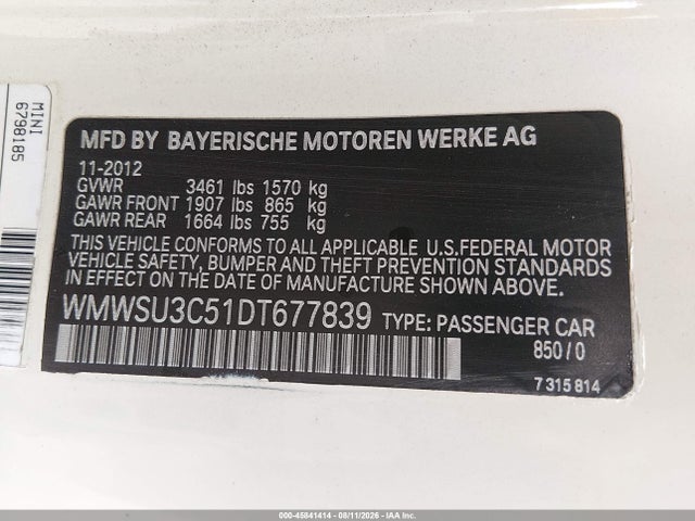 Продаж на аукціоні авто 2013 Mini Hardtop Cooper, vin: WMWSU3C51DT677839, номер лоту: 45841414
