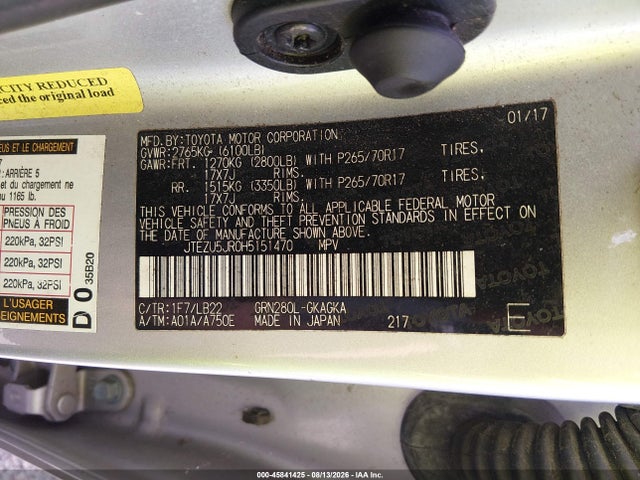45841425 :رقم المزاد ، JTEZU5JR0H5151470 vin ، 2017 Toyota 4runner Sr5 Premium مزاد بيع