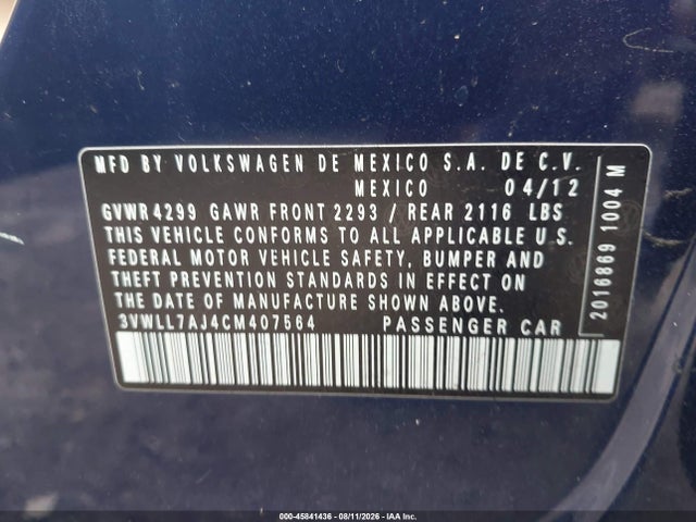 2012 Volkswagen Jetta 2.0l Tdi მანქანა იყიდება აუქციონზე, vin: 3VWLL7AJ4CM407564, აუქციონის ნომერი: 45841436
