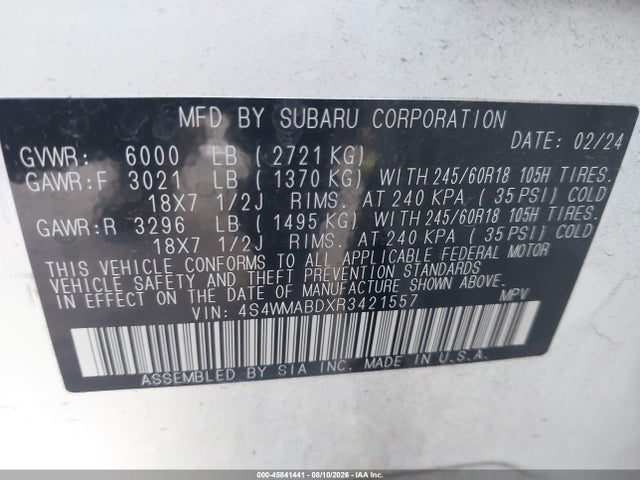 Aukcja sprzedaży 2024 Subaru Ascent Premium 8-passenger, vin: 4S4WMABDXR3421557, numer aukcji: 45841441