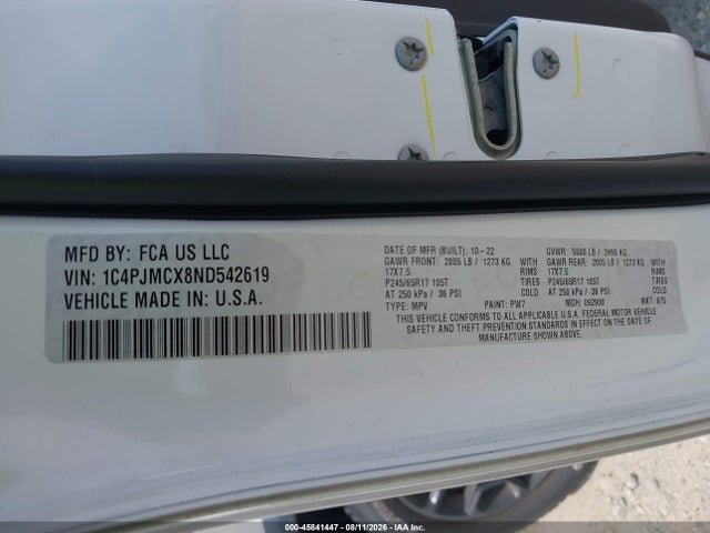 45841447 :رقم المزاد ، 1C4PJMCX8ND542619 vin ، 2022 Jeep Cherokee X 4x4 مزاد بيع