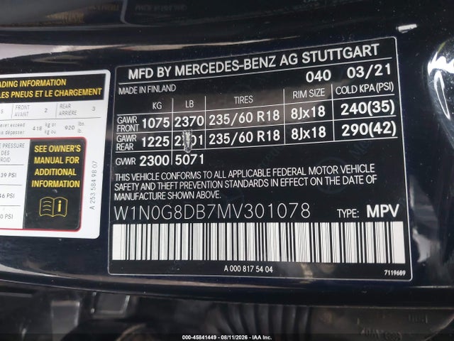 Aukcja sprzedaży 2021 Mercedes-benz Glc 300 Suv, vin: W1N0G8DB7MV301078, numer aukcji: 45841449