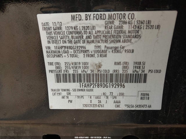 45841460 :رقم المزاد ، 1FAHP2F89DG192996 vin ، 2013 Ford Taurus Limited مزاد بيع