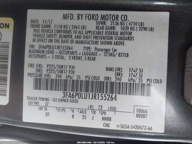 Продажа на аукционе авто 2018 Ford Fusion Hybrid Se, vin: 3FA6P0LU1JR155264, номер лота: 45841468