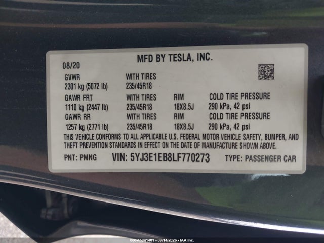 Tesla Model 3 Long Range Dual Motor All-wheel Drive 2020 5YJ3E1EB8LF770273 Image 9