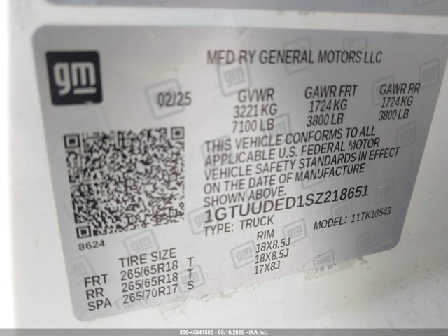 2025 Gmc Sierra 1500 4wd  Short Box Slt მანქანა იყიდება აუქციონზე, vin: 1GTUUDED1SZ218651, აუქციონის ნომერი: 45841500