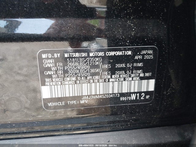 45841523 :رقم المزاد ، JA4J3VA84SZ034173 vin ، 2025 Mitsubishi Outlander Se 2.5 2wd مزاد بيع
