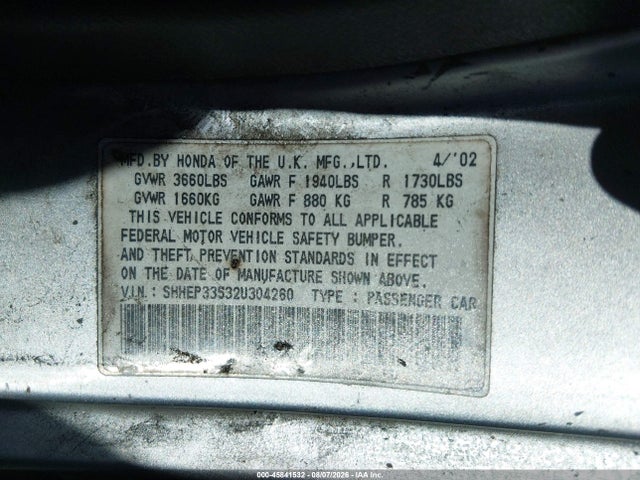45841532 :رقم المزاد ، SHHEP33532U304260 vin ، 2002 Honda Civic Si مزاد بيع