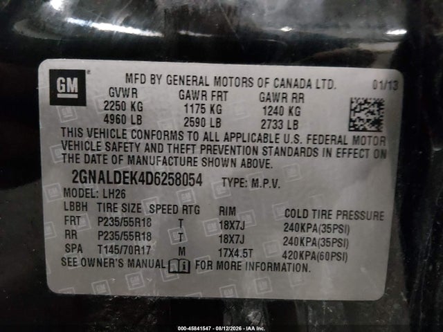 45841547 :رقم المزاد ، 2GNALDEK4D6258054 vin ، 2013 Chevrolet Equinox Lt مزاد بيع