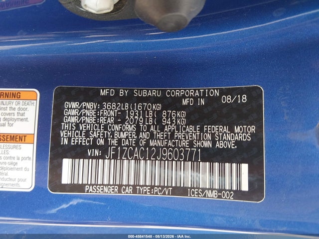 Aukcja sprzedaży 2018 Subaru Brz Limited, vin: JF1ZCAC12J9603771, numer aukcji: 45841548