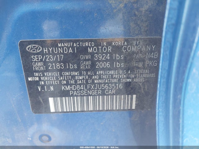 45841550 :رقم المزاد ، KMHD84LFXJU563516 vin ، 2018 Hyundai Elantra Sel مزاد بيع
