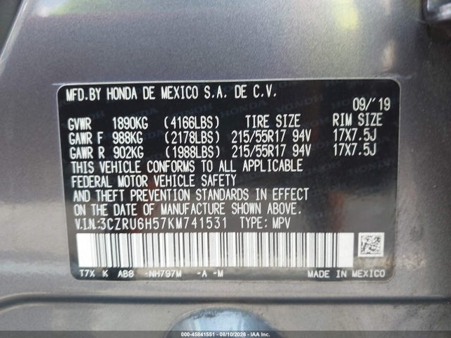 2019 Honda Hr-v Ex მანქანა იყიდება აუქციონზე, vin: 3CZRU6H57KM741531, აუქციონის ნომერი: 45841551