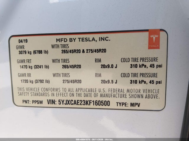 Продажа на аукционе авто 2019 Tesla Model X 100d/75d/long Range, vin: 5YJXCAE23KF160500, номер лота: 45841570