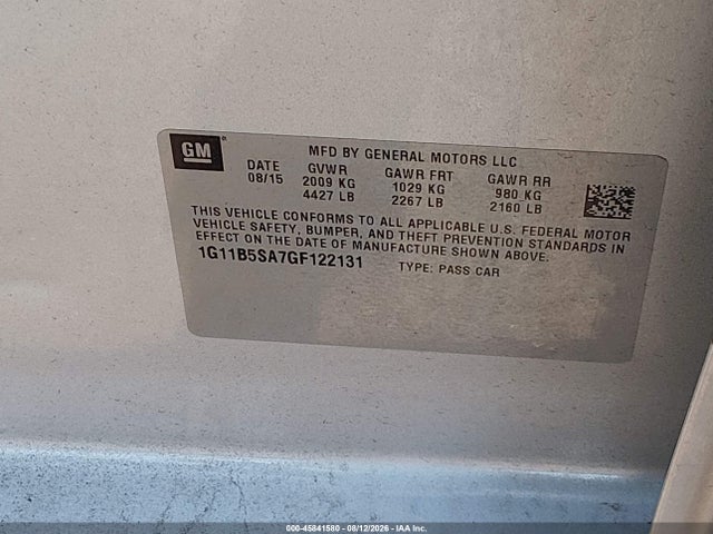 2016 Chevrolet Malibu Limited Ls მანქანა იყიდება აუქციონზე, vin: 1G11B5SA7GF122131, აუქციონის ნომერი: 45841580