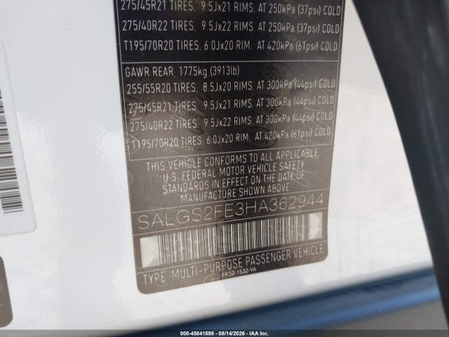 Продажа на аукционе авто 2017 Land Rover Range Rover 5.0l V8 Supercharged, vin: SALGS2FE3HA362944, номер лота: 45841598