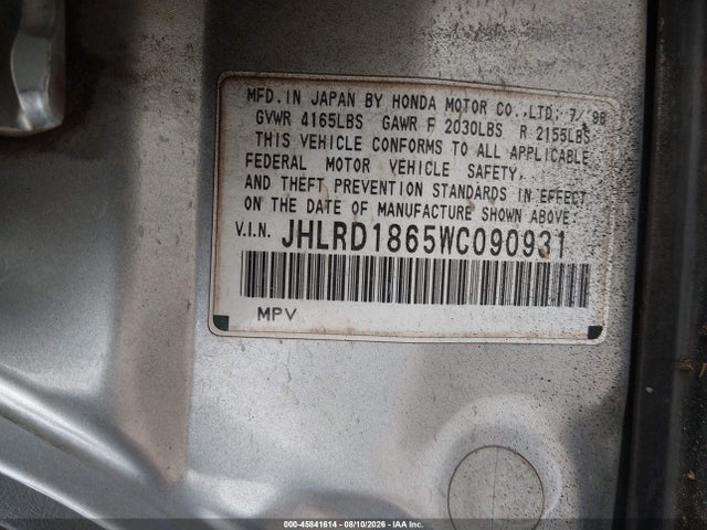 1998 Honda Cr-v Ex მანქანა იყიდება აუქციონზე, vin: JHLRD1865WC090931, აუქციონის ნომერი: 45841614
