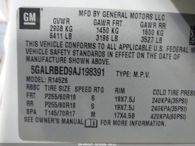 Продаж на аукціоні авто 2010 Buick Enclave 1xl, vin: 5GALRBED9AJ198391, номер лоту: 45841617