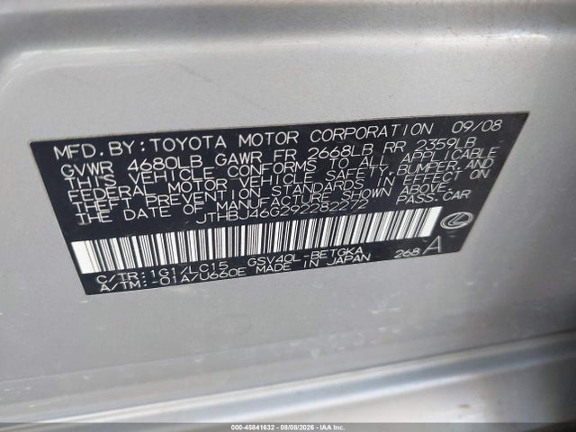 Продаж на аукціоні авто 2009 Lexus Es 350, vin: JTHBJ46G292282272, номер лоту: 45841632