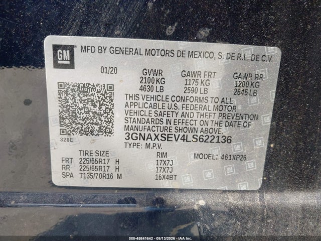 Auction sale of the 2020 Chevrolet Equinox Awd Ls, vin: 3GNAXSEV4LS622136, lot number: 45841642