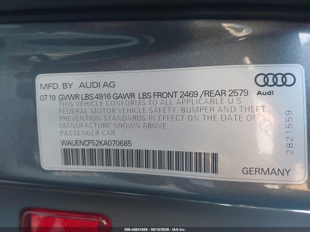 2019 Audi A5 45 Premium მანქანა იყიდება აუქციონზე, vin: WAUENCF52KA070685, აუქციონის ნომერი: 45841658