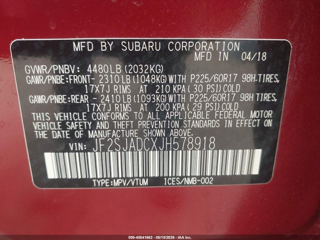 Aukcja sprzedaży 2018 Subaru Forester 2.5i Premium, vin: JF2SJADCXJH578918, numer aukcji: 45841662