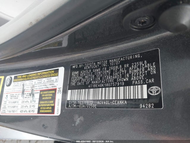 Aukcja sprzedaży 2008 Toyota Camry Le, vin: 4T1BE46K18U757919, numer aukcji: 45841665