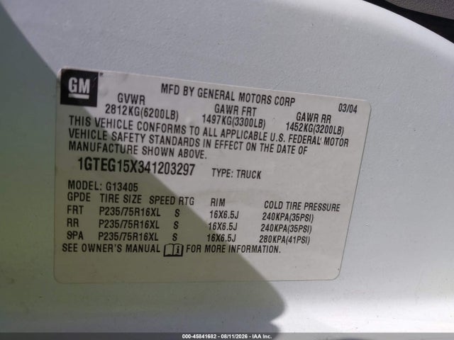 45841682 :رقم المزاد ، 1GTEG15X341203297 vin ، 2004 Gmc Savana Standard مزاد بيع