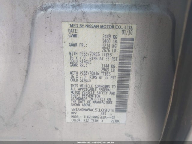 Aukcja sprzedaży 2010 Nissan Xterra S, vin: 5N1AN0NW9AC510975, numer aukcji: 45841692
